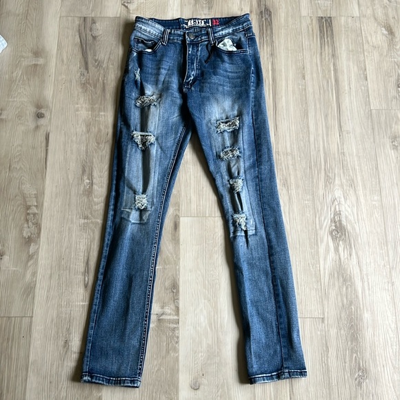GS 115 Premium Mens 32 Distressed Denim Blue Jeans Thick Stitch - Picture 1 of 7